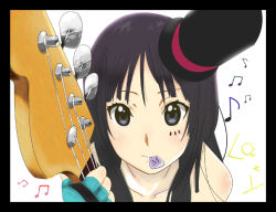 Rule 34 | 00s, 1girl, akiyama mio, bad id, bad pixiv id, bass guitar, black border, black eyes, black hair, blunt bangs, border, don&#039;t say &quot;lazy&quot;, fingerless gloves, gloves, guitar, hat, hime cut, instrument, k-on!, kosame02, long hair, mini hat, mini top hat, mouth hold, musical note, plectrum, solo, top hat