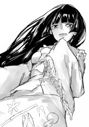 Rule 34 | 1girl, black hair, collared shirt, deetamu, dress, frilled dress, frills, greyscale, highres, hime cut, houraisan kaguya, imperishable night, japanese clothes, long hair, long sleeves, looking at viewer, monochrome, open mouth, scowl, shirt, touhou, uneven eyes, very long hair, wide sleeves