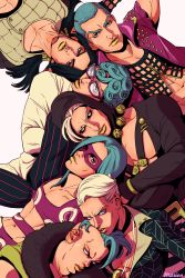 Rule 34 | 6+boys, aqua eyes, aqua hair, arms behind head, artist name, black hair, black sclera, blonde hair, brothers, colored sclera, crossed arms, curly hair, double chin, formaggio, glasses, hair tie, highres, hood, illuso, jacket, jewelry, jojo no kimyou na bouken, lipstick, makeup, male focus, marion-ville, mask, melone, multiple boys, pants, parted lips, pendant, pesci, prosciutto, quad tails, risotto nero, siblings, striped clothes, striped pants, vento aureo, white eyes, yellow lips, zipper