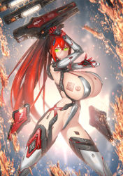 Rule 34 | 1girl, android, breasts, covered erect nipples, green eyes, hicage hisoca, highleg, highres, huge breasts, joints, lightning, long hair, mecha musume, mechanical arms, mechanical legs, original, ponytail, red hair, robot joints, science fiction, solo, very long hair