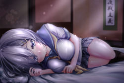 Rule 34 | 10s, 1girl, bed sheet, between breasts, blue eyes, blush, breasts, brown legwear, commentary request, eyebrows, hair ornament, hairclip, hamakaze (kancolle), highres, kantai collection, large breasts, looking at viewer, lying, miniskirt, neckerchief, no legwear, on side, pleated skirt, school uniform, serafuku, short hair, short sleeves, silver hair, skirt, solo, tsuyukusa aoi