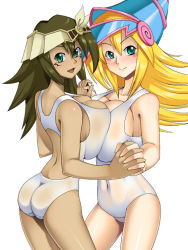 Rule 34 | 2girls, ass, blonde hair, breast press, breasts, brown hair, dark magician girl, dual persona, duel monster, egyptian, green eyes, holding hands, kawanuma uotsuri, large breasts, looking at viewer, mana (yu-gi-oh!), multiple girls, one-piece swimsuit, swimsuit, yu-gi-oh!, yu-gi-oh! duel monsters