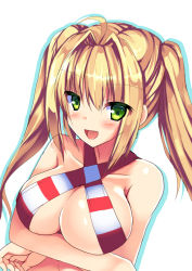 Rule 34 | 10s, 1girl, :d, ahoge, bare arms, bare shoulders, bikini, blonde hair, blush, breast hold, breasts, cleavage, collarbone, commentary request, criss-cross halter, crossed arms, earrings, eyelashes, fate/extra, fate/grand order, fate (series), green eyes, hair between eyes, hair intakes, halterneck, jewelry, large breasts, long hair, looking at viewer, nero claudius (fate), nero claudius (fate) (all), nero claudius (swimsuit caster) (fate), open mouth, ryokushiki (midori-ya), side-tie bikini bottom, sidelocks, simple background, smile, solo, striped bikini, striped clothes, swimsuit, twintails, underboob, upper body, white background
