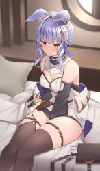 Rule 34 | 1girl, animal ears, between breasts, blue hair, blush, breasts, detached sleeves, ears down, erune, gloves, granblue fantasy, hat, highres, keima ron, medium breasts, on bed, purple eyes, skindentation, strap between breasts, thick thighs, thigh strap, thighhighs, thighs, tikoh, white gloves