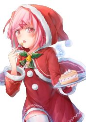 Rule 34 | 1girl, absurdres, blush, cake, christmas, doki doki literature club, dress, food, fork, fur-trimmed headwear, fur-trimmed sleeves, fur trim, hair ornament, hair ribbon, hairclip, hat, highres, long sleeves, looking at viewer, natsuki (doki doki literature club), open mouth, pink hair, plate, pom pom (clothes), red eyes, red hat, red ribbon, ribbon, santa dress, santa hat, short hair, simple background, solo, thighhighs, tongue, twitter username, two side up, white background, white thighhighs, wide sleeves, yu cha