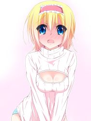 Rule 34 | 1girl, alice margatroid, asn s, bad id, bad pixiv id, blonde hair, blue eyes, blue panties, blush, breasts, cleavage, cleavage cutout, clothing cutout, hairband, highres, medium breasts, meme attire, open-chest sweater, panties, ribbed sweater, solo, sweater, tears, touhou, underwear
