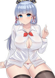 Rule 34 | 1girl, :o, absurdres, alternate costume, ayaka (genshin impact), baku (ggininder0), black thighhighs, blue eyes, blue hair, blunt bangs, bow, bow panties, bowtie, breasts, chalk, cleavage, collarbone, collared shirt, flower knot, genshin impact, hair ribbon, hand up, highres, holding, holding chalk, large breasts, light blue hair, long hair, looking at viewer, no bra, panties, partially unbuttoned, ponytail, red bow, red bowtie, revision, ribbon, shirt, sitting, solo, thighhighs, tress ribbon, underwear, white panties, white shirt