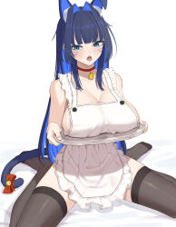 Rule 34 | 1girl, absurdres, animal ears, apron, bangom r, bell, black hair, blue eyes, blue hair, breast rest, breasts, cat ears, cat girl, cat tail, choker, colored inner hair, facial mark, hair intakes, highres, holding, holding tray, hololive, hololive english, large breasts, long hair, multicolored hair, naked apron, neck bell, open mouth, ouro kronii, red choker, simple background, sitting, solo, tail, thighhighs, tray, two-tone hair, very long hair, virtual youtuber, wariza, whisker markings, white background