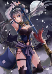 Rule 34 | 1girl, arm up, arm warmers, armor, armpits, bare shoulders, beads, black thighhighs, blue dress, blue eyes, blue flower, blue rose, breasts, brooch, cleavage, collar, corset, cowboy shot, detached sleeves, dress, flag, floating hair, flower, fog, full moon, gem, gloves, green hair, grey hair, hair beads, hair between eyes, hair flower, hair ornament, highres, holding, holding polearm, holding spear, holding weapon, jewelry, large breasts, long hair, looking at viewer, md5 mismatch, moon, navel, night, night sky, original, parted lips, pauldrons, pelvic curtain, petals, pink lips, polearm, resolution mismatch, ribbed dress, rose, sash, shoulder armor, side slit, single pauldron, sirokurodai, sky, solo, source smaller, spear, standing, star (sky), starry sky, tassel, teeth, thigh strap, thighhighs, turtleneck, twintails, upper teeth only, weapon, white gloves