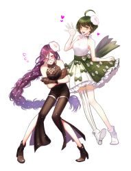 Rule 34 | 2girls, ahoge, ankle boots, bare shoulders, black shorts, boots, bow, braid, breasts, brown eyes, brown gloves, brown hair, brown pants, commentary request, covered collarbone, danganronpa (series), danganronpa another episode: ultra despair girls, dress, flower, fukawa toko, glasses, gloves, green bow, green skirt, hair ornament, hairclip, heart, high heels, large breasts, long hair, multiple girls, naegi komaru, p!n (pssh27), pants, purple hair, ribbon, round eyewear, short hair, shorts, skirt, striped bow, striped clothes, striped legwear, striped skirt, striped thighhighs, thighhighs, vertical-striped clothes, vertical-striped thighhighs, very long hair, white flower, white gloves, white legwear, white skirt