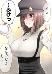 Rule 34 | 1girl, :t, blush, breasts, brown hair, burger, cabbie hat, eating, food, food on clothes, food on face, hat, high-waist skirt, highres, holding, holding food, ikari manatsu, kamihira mao, ketchup, large breasts, original, purple eyes, shirt, short hair, skirt, solo, squiggle, suspenders, translation request, turtleneck, underbust, upper body, white shirt