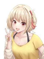 Rule 34 | 1girl, blonde hair, bob cut, breasts, cleavage, collarbone, commentary, gaerp4, hair ribbon, highres, jacket, looking at viewer, lycoris recoil, medium breasts, nail polish, nishikigi chisato, one side up, open mouth, red eyes, red ribbon, ribbon, shirt, short hair, short sleeves, signature, simple background, single off shoulder, smile, solo, upper body, v, white background, white jacket, yellow nails, yellow shirt