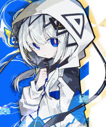Rule 34 | 1girl, abstract background, absurdres, arm at side, black jacket, blue background, blue eyes, blue jacket, bright pupils, cevio, closed mouth, commentary, cowboy shot, diamond hair ornament, expressionless, grey hair, halftone, hand up, high collar, highres, hood, hood up, hooded jacket, jacket, kafu (cevio), kamitsubaki studio, long hair, long sleeves, looking at viewer, low twintails, multicolored eyes, pink eyes, solo, soresaki, twintails, white jacket, white pupils, zipper