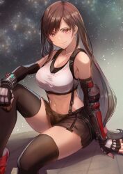 Rule 34 | 1girl, bare shoulders, breasts, brown hair, cleavage, closed mouth, collarbone, crop top, final fantasy, final fantasy vii, final fantasy vii remake, fingerless gloves, gloves, highres, large breasts, linea alba, long hair, looking at viewer, low-tied long hair, midriff, navel, night, night sky, omoti (1201208), orange eyes, short shorts, shorts, sitting, skirt, sky, smile, solo, star (sky), starry sky, suspender shorts, suspender skirt, suspenders, thighhighs, tifa lockhart, very long hair