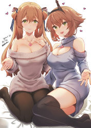 Rule 34 | 2girls, alternate costume, bed sheet, black legwear, blush, breasts, brown hair, cleavage, commentary request, commission, crossover, dated, detached sleeves, dress, girls&#039; frontline, green eyes, hair between eyes, hair ribbon, hair rings, headgear, heart, heart lock (kantai collection), highres, jewelry, kantai collection, kekocha, large breasts, lips, long hair, looking at viewer, multiple girls, mutsu (kancolle), necklace, off shoulder, pantyhose, parted lips, ribbon, ring, short hair, sitting, skeb commission, springfield (girls&#039; frontline), striped, striped ribbon, sweater, sweater dress, thighhighs, twitter username, two side up, wedding band