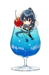 Rule 34 | 1girl, black hair, black thighhighs, blue sailor collar, blush, cherry, closed mouth, cup, drink, drinking glass, food, fruit, full body, gloves, grey jacket, grey skirt, hair between eyes, ice cream, ice cream float, ichinomiya (blantte), jacket, kantai collection, long hair, neckerchief, open clothes, open jacket, orange eyes, orange neckerchief, pleated skirt, ponytail, rudder footwear, sailor collar, simple background, single thighhigh, skirt, smile, solo, thighhighs, white background, white gloves, yahagi (kancolle), yahagi kai ni (kancolle)