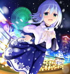 Rule 34 | 1girl, :d, absurdres, blue hair, blue skirt, blurry, blush, capelet, cityscape, commentary request, depth of field, feet out of frame, ferris wheel, floating hair, fur-trimmed capelet, fur trim, green eyes, hair between eyes, hair intakes, hamidashi creative, hand up, happy, high-waist skirt, highres, light blue hair, looking at viewer, medium hair, nanatsu (na na tsu), night, nishiki asumi, open mouth, outdoors, pom pom (clothes), reaching, reaching towards viewer, ribbon, skirt, smile, snowflake print, snowing, solo, sparkle, standing, white capelet, yellow ribbon