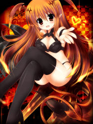 Rule 34 | 1girl, black thighhighs, blush, breasts, brown eyes, brown hair, cleavage, crossed legs, demon girl, demon tail, fang, head wings, long hair, lord of vermilion, ooji cha, open mouth, outstretched arm, outstretched hand, pointy ears, sitting, solo, succubus (lord of vermilion), tail, thighhighs, wings