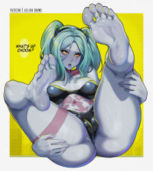 Rule 34 | 1girl, absurdres, aelion draws, ass, ass focus, ass grab, bare arms, bare legs, barefoot, breasts, cameltoe, cleft of venus, colored sclera, colored skin, cyberpunk (series), cyberpunk edgerunners, english text, feet, grabbing own ass, green hair, grey skin, highres, huge ass, long hair, looking at viewer, lying, medium breasts, open mouth, partially visible vulva, rebecca (cyberpunk), red sclera, shiny skin, skindentation, soles, solo, sweat, sweatdrop, thong, toes, twintails, wide hips, yellow eyes