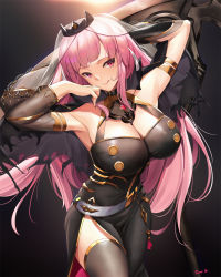 Rule 34 | 1girl, :q, arm up, armlet, arms behind head, artist name, black dress, black thighhighs, breasts, commentary, commission, crown, detached sleeves, dress, english commentary, highres, hololive, hololive english, large breasts, long hair, looking at viewer, mori calliope, pink eyes, pink hair, scythe, single detached sleeve, smile, solo, thighhighs, tongue, tongue out, tony guisado, veil, virtual youtuber