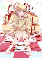 Rule 34 | 1girl, barefoot, blonde hair, commentary request, eating, feet, food, fork, full body, hair bobbles, hair ornament, hand up, holding, holding fork, hood, hood down, hoodie, iijima yun, knees together feet apart, long sleeves, looking at viewer, makicha (sasurainopink), new game!, one eye closed, one side up, oversized food, oversized object, pancake, plate, red eyes, solo