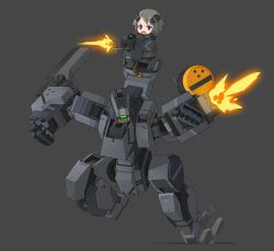 Rule 34 | 1girl, 1other, chibi, clenched hand, commentary request, firing, glowing, glowing eye, gun, joints, korean commentary, machine gun, mecha, mechanical arms, original, ran system, robot, robot joints, mechanical legs, running, single mechanical arm, weapon