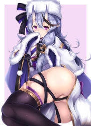 Rule 34 | 1girl, ass, black panties, black thighhighs, blue hair, blush, bow, breasts, cameltoe, closed mouth, hair between eyes, hair ornament, hair tubes, hat, hat bow, highres, horns, japanese clothes, kimono, long hair, long sleeves, looking at viewer, lying, mole, mole under mouth, nijisanji, obi, on side, oni, panties, partially visible vulva, pointy ears, pom pom (clothes), purple background, purple eyes, rindou mikoto, robe, sash, shimo (depthbomb), short eyebrows, simple background, skin-covered horns, sleeves past fingers, sleeves past wrists, smile, solo, thick eyebrows, thighhighs, thighs, underwear, virtual youtuber, wide sleeves