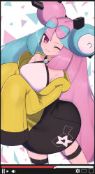 Rule 34 | 1girl, breasts, character hair ornament, commentary request, creatures (company), game freak, green hair, hair ornament, hands up, highres, iono (pokemon), jacket, long hair, medium breasts, nintendo, nuneno, one eye closed, poke ball symbol, pokemon, pokemon sv, purple eyes, purple hair, shirt, single thighhigh, sleeveless, sleeveless shirt, sleeves past fingers, sleeves past wrists, smile, solo, thigh strap, thighhighs, timeline, white shirt, white thighhighs, yellow jacket