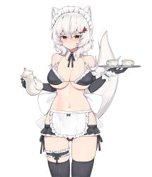 Rule 34 | 1girl, absurdres, animal ears, apron, artist request, bare shoulders, bikini, black bikini, black gloves, black skirt, black thighhighs, breasts, bridal garter, cleavage, closed mouth, collarbone, cowboy shot, cup, detached collar, elbow gloves, embarrassed, frills, frown, gloves, hair ornament, hairclip, halterneck, highres, holding, inubashiri momiji, large breasts, looking at viewer, maid, maid apron, maid bikini, maid headdress, microskirt, navel, neck ribbon, pleated skirt, red eyes, revealing clothes, ribbon, short hair, side-tie bikini bottom, simple background, skindentation, skirt, solo, standing, stomach, string bikini, sweatdrop, swimsuit, tail, tail raised, teacup, teapot, thighhighs, thighs, touhou, tray, unconventional maid, v-shaped eyebrows, waist apron, white background, white hair, wolf ears, wolf girl, wolf tail