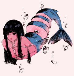 Rule 34 | 1girl, arms behind back, black hair, blunt bangs, blush, breasts, bubble, colored skin, fins, food, guro, highres, lips, long hair, medium breasts, mermaid, mole, mole on breast, mole under eye, monster girl, original, pink skin, red eyes, restrained, rope, shibari, simple background, solo, stephanie priscilla, sushi