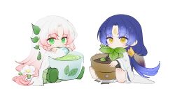 Rule 34 | 2boys, barefoot, blue hair, brown wings, camellia, chang fu, chibi, chinese clothes, chinese commentary, closed mouth, commentary request, cup, dark blue hair, expressionless, facial mark, feathered wings, feet, flower, flower pot, forehead mark, gradient hair, green eyes, green footwear, green hanfu, green tea, hair flower, hair ornament, hanfu, highres, hugging object, long hair, long sleeves, longjing shrimp (the tale of food), looking at viewer, low-tied long hair, low ponytail, male focus, multicolored hair, multiple boys, parted bangs, pink hair, plant, potted plant, robe, shoes, sidelocks, simple background, swallow bun (the tale of food), tassel, tassel hair ornament, tea, teacup, the tale of food, very long hair, white background, white flower, white hair, white hanfu, white robe, wings, yellow eyes