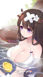 Rule 34 | 1girl, afloat, animal ears, artist name, azur lane, bandaid, bandaid on head, bare shoulders, bikini, blunt bangs, blush, breasts, brown hair, chinese commentary, choker, cleavage, closed mouth, collarbone, commentary request, cow ears, cow horns, criss-cross halter, crossed bandaids, dated, diffraction spikes, flower, hair between eyes, hair flower, hair ornament, halterneck, heart, heart in eye, highres, horns, huge breasts, kashino (azur lane), kashino (hot springs relaxation) (azur lane), large breasts, long hair, manjuu (azur lane), midriff, multi-strapped bikini, navel, onsen, partially submerged, plant, purple eyes, rock, sidelocks, signature, sitting, solo focus, steam, swimsuit, symbol in eye, upper body, water, white bikini, white choker, white flower, xiao shi lullaby