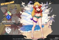 Rule 34 | !, 1girl, 2021, ?, ahoge, arms behind head, arms up, artist name, beach, blonde hair, breasts, character name, cleavage, collarbone, commentary, dated, earrings, english commentary, english text, feet, full body, hair between eyes, hoop earrings, jewelry, large breasts, long hair, looking at viewer, midriff, multiple views, navel, outdoors, parted lips, rwby, sand, sandals, short shorts, shorts, smile, standing, star (symbol), tabletknight, teeth, water, watermark, yang xiao long