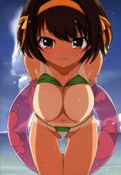 Rule 34 | 1girl, absurdres, arms behind back, bent over, bikini, bikini top lift, blush, breasts, breasts out, brown eyes, brown hair, clothes lift, female focus, hanging breasts, haruhisky, highres, large breasts, leaning forward, legs, looking at viewer, nipples, non-web source, ribbon, scan, short hair, sky, smile, solo, standing, suzumiya haruhi, suzumiya haruhi no yuuutsu, swimsuit, tan, tanline, thigh gap, thighs, thong, water, wet