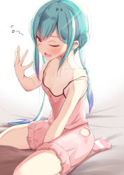 Rule 34 | 1girl, absurdres, aqua hair, asymmetrical hair, babydoll, batarop, blush, breasts, double bun, fang, full body, gradient hair, hair bun, highres, hololive, long hair, looking at viewer, loungewear, low twintails, multicolored hair, on bed, one eye closed, pajamas, pink babydoll, pink shorts, pink socks, red eyes, seiza, shorts, simple background, sitting, skin fang, small breasts, socks, solo, strap slip, striped clothes, striped socks, twintails, twitter username, uruha rushia, virtual youtuber, waking up, white background, yawning