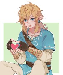 Rule 34 | 1boy, bandaged arm, bandages, belt, black gloves, blonde hair, blue eyes, blue tunic, brown belt, earrings, feet out of frame, fingerless gloves, gloves, green background, hair between eyes, heart, heart hands, highres, jewelry, jiulang liangliang, link, long hair, long sleeves, looking at viewer, low ponytail, male focus, nintendo, pants, pointy ears, short sleeves, shoulder belt, sidelocks, sitting, smile, the legend of zelda, the legend of zelda: breath of the wild, tunic, two-tone background, upper body, white background, white pants