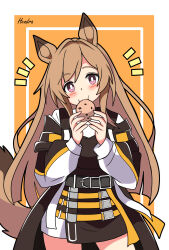 Rule 34 | 1girl, absurdres, animal ears, arknights, black skirt, blush, brown hair, ceobe (arknights), commentary request, dog ears, dog girl, dog tail, eating, food, hair between eyes, head tilt, hendra, highres, holding, holding food, jacket, long hair, long sleeves, looking at viewer, notice lines, orange background, puffy long sleeves, puffy sleeves, purple eyes, signature, skirt, solo, standing, tail, two-tone background, very long hair, wavy mouth, white background, white jacket