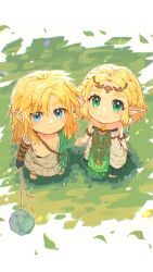 Rule 34 | 1boy, 1girl, archaic set (zelda), arm tattoo, armlet, asymmetrical sleeves, bare shoulders, blonde hair, blue eyes, braid, chibi, closed mouth, commentary, crown braid, dress, earrings, facial mark, from above, grass, green eyes, hair behind ear, headpiece, highres, holding, holding hands, holding stick, jewelry, light blush, link, long hair, looking at viewer, nai gai hongcha, nintendo, official alternate hair length, official alternate hairstyle, parted bangs, pointy ears, princess, princess zelda, rock, sandals, short hair, sidelocks, single bare shoulder, smile, stick, strapless, strapless dress, symbol-only commentary, tattoo, the legend of zelda, the legend of zelda: tears of the kingdom, thick eyebrows, white dress