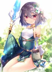 Rule 34 | 1girl, arm support, bare shoulders, blurry, blurry foreground, blush, breasts, closed mouth, commentary request, covered erect nipples, depth of field, detached sleeves, dress, flower, grey hair, hair between eyes, hair flower, hair ornament, highres, kokkoro (princess connect!), long sleeves, looking at viewer, nanamomo rio, pointy ears, princess connect!, puffy long sleeves, puffy sleeves, red eyes, sleeves past fingers, sleeves past wrists, small breasts, smile, solo, staff, white dress, white flower, white sleeves