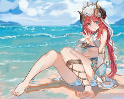 Rule 34 | 1girl, absurdres, bare shoulders, barefoot, beach, blue sky, breasts, day, detached sleeves, duzizai, feet, forehead jewel, full body, genshin impact, green eyes, highres, horns, jewelry, long hair, long sleeves, looking at viewer, midriff, navel, nilou (genshin impact), ocean, outdoors, red hair, scenery, sky, smile, soles, toes, twintails, underboob, veil