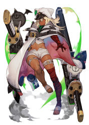 Rule 34 | 1girl, absurdres, animal hat, bandaged arm, bandaged leg, bandages, barefoot, blonde hair, cape, cat hat, clover, crop top, dark-skinned female, dark skin, dual wielding, expressionless, floating, floating object, floating sword, floating weapon, four-leaf clover, full body, guilty gear, guilty gear strive, hat, highres, holding, huge weapon, hungry clicker, lucifero (guilty gear), medium hair, navel, orange eyes, peaked cap, ramlethal valentine, ringed eyes, short shorts, shorts, solo, sword, toenails, toes, weapon, white cape, white hat, white shorts