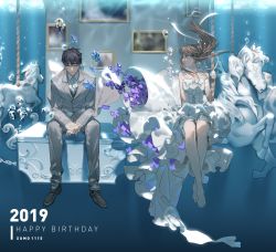 Rule 34 | 1boy, 1girl, 2019, air bubble, bad id, bad pixiv id, bare legs, barefoot, black footwear, black hair, blue butterfly, brown hair, bubble, bug, butterfly, carousel, character request, choker, closed eyes, closed mouth, collared shirt, dress, full body, grey jacket, grey pants, happy birthday, highres, insect, jacket, long hair, looking at another, love and producer, pants, profile, purple butterfly, shirt, short hair, strapless, strapless dress, suit jacket, tefco, underwater, watashi (koi to producer), white choker, white dress, white shirt