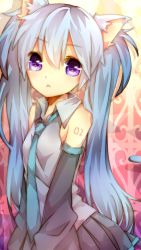 Rule 34 | 1girl, :&lt;, animal ears, blue hair, cat ears, cat tail, detached sleeves, hatsune miku, long hair, mil2, necktie, purple eyes, skirt, solo, tail, twintails, vocaloid