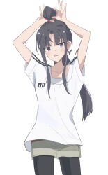 1girl absurdres ahoge awa_subaru black_hair black_pantyhose blush brown_shorts collarbone commentary girls_band_cry highres licking_lips long_hair looking_at_viewer pantyhose pantyhose_under_shorts parted_bangs ponytail purple_eyes shirt short_sleeves shorts sidelocks simple_background solo syoken211 tongue tongue_out white_background white_shirt