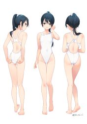 Rule 34 | 1girl, ass, bare arms, bare legs, bare shoulders, barefoot, black eyes, black hair, closed mouth, commission, competition swimsuit, from behind, full body, groin, houshou (kancolle), kantai collection, koruri, long hair, looking at viewer, multiple views, one-piece swimsuit, open mouth, ponytail, simple background, skeb commission, smile, swimsuit, twitter username, wet, wet clothes, wet swimsuit, white background, white one-piece swimsuit