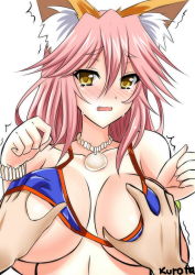 Rule 34 | 10s, 1girl, animal ears, bikini, blue bikini, blush, bow, grabbing another&#039;s breast, breasts, cleavage, cless (tamaota), collarbone, fate/extra, fate/grand order, fate (series), fox ears, grabbing, hair bow, large breasts, open mouth, pink hair, simple background, solo focus, sweat, swimsuit, tamamo (fate), tamamo no mae (fate/extra), tamamo no mae (swimsuit lancer) (fate), trembling, white background, yellow eyes