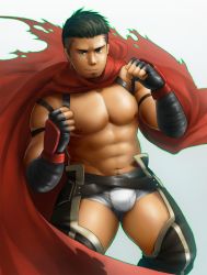 Rule 34 | 1boy, abs, bara, bare pectorals, black hair, boxers, bulge, cape, chest harness, clenched hands, clothing cutout, crotchless, crotchless pants, dark-skinned male, dark skin, facial hair, feet out of frame, fighting stance, goatee, harness, highres, large pectorals, looking at viewer, male focus, male underwear, mature male, muscular, muscular male, navel, navel hair, nipples, original, pants, pectorals, red cape, short hair, sideburns, smile, solo, stomach, taka (takahiro si), thick thighs, thigh cutout, thighs, undercut, underwear, white male underwear, wrestling outfit