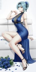 Rule 34 | 1girl, alternate costume, arm support, armlet, bare shoulders, black footwear, blue dress, blue flower, blue hair, blue nails, blue rose, bouquet, bracelet, breasts, cleavage, couch, dress, earrings, eula (genshin impact), flower, genshin impact, hair flower, hair ornament, hair ribbon, headband, high heels, high ponytail, highres, jewelry, large breasts, nail polish, parted lips, petals, ribbon, rose, sciamano240, see-through, see-through cleavage, sitting, sleeveless, sleeveless dress, thighs, toenail polish, toenails, yellow eyes