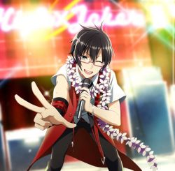 Rule 34 | 10s, 1boy, ;), black hair, bracelet, flower, flower necklace, foreshortening, glasses, green eyes, holding, holding microphone, idolmaster, idolmaster side-m, indoors, iseya shiki, jewelry, looking at viewer, male focus, microphone, necklace, necktie, neon lights, official art, one eye closed, open mouth, pink-framed eyewear, smile, solo, standing, v