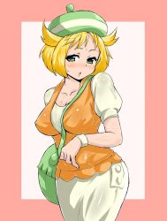 Rule 34 | 1girl, bag, beret, bianca (pokemon), blonde hair, blush, breasts, cleavage, creatures (company), dress, covered erect nipples, game freak, green eyes, hat, hip focus, large breasts, nintendo, open mouth, pokemon, solo, sweat, turizao, vest, wide hips, wristband
